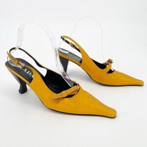 Vintage Prada Mustard Yellow Pointed Toe Bow Detail Slingback Heel size IT 39